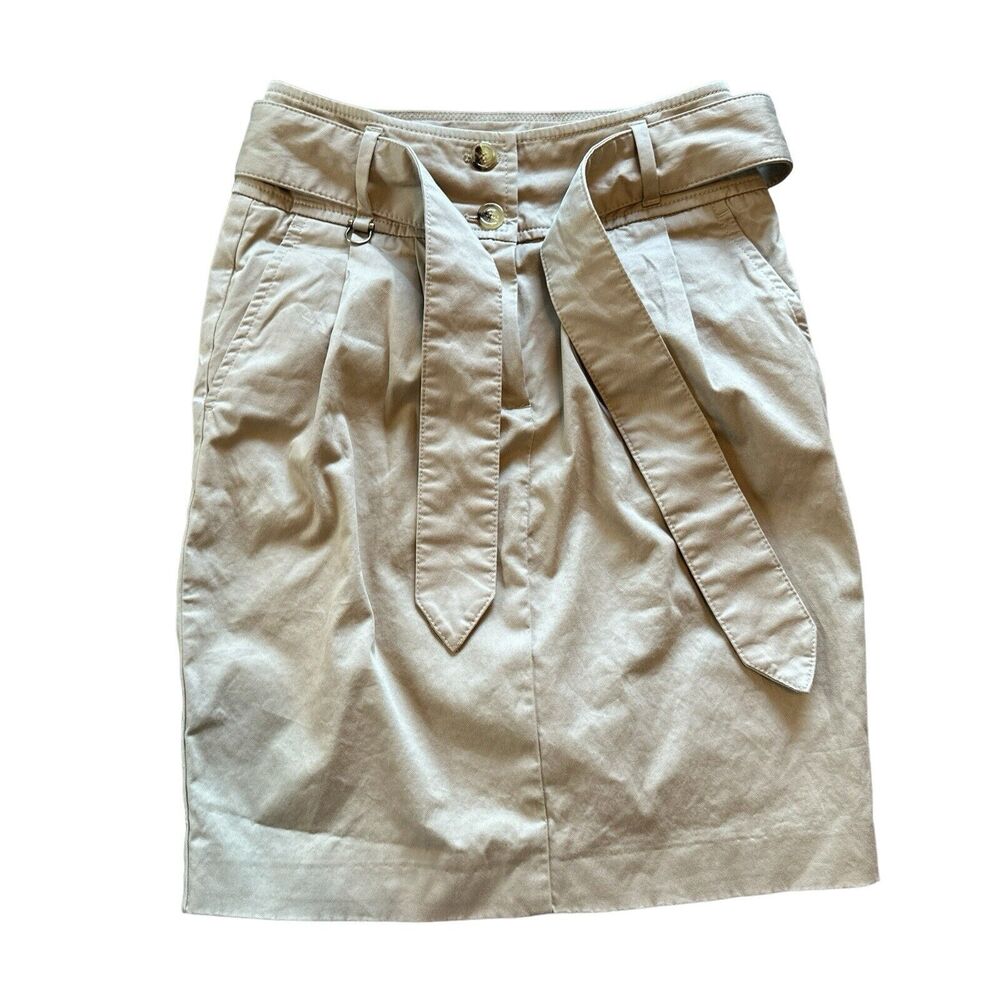Burberry 2 Utility Trench Skirt Pleated Belt Buttons Classic Luxury Pencil Khaki